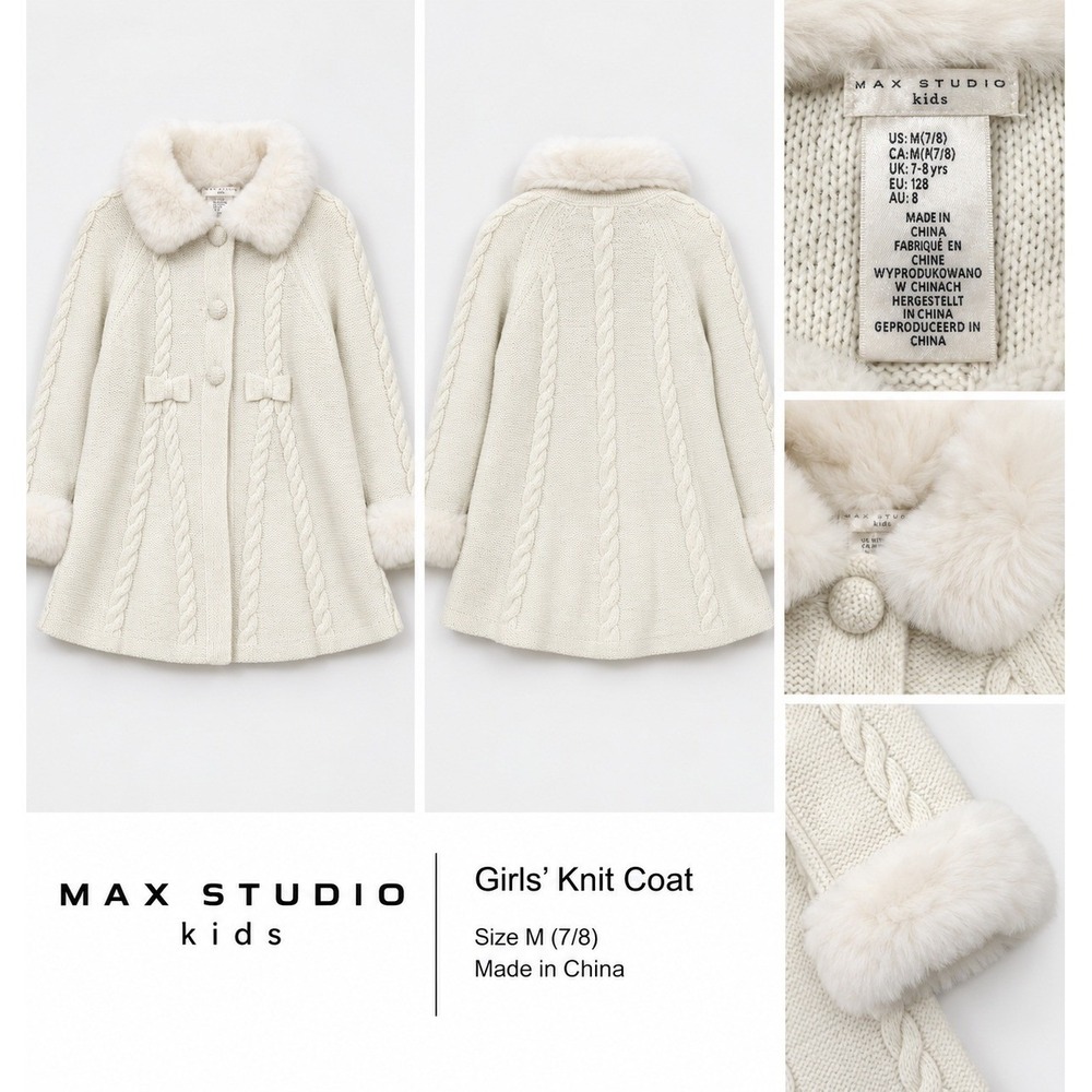 Max Studio Kids Girls Cream Knit Coat Faux Fur Trim Metallic Size M 7/8